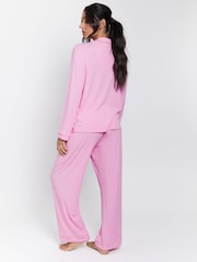 Loungeable Pink/Coral Trim Rib Long Sleeve Traditional Shirt and Long Pyjamas - Image 2 of 5