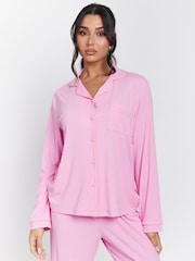 Loungeable Pink/Coral Trim Rib Long Sleeve Traditional Shirt and Long Pyjamas - Image 3 of 5