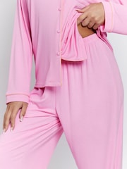 Loungeable Pink/Coral Trim Rib Long Sleeve Traditional Shirt and Long Pyjamas - Image 4 of 5