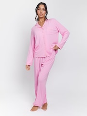 Loungeable Pink/Coral Trim Rib Long Sleeve Traditional Shirt and Long Pyjamas - Image 5 of 5