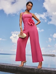 Lipsy Pink Petite Halter Neck Floral Print Corsage Jumpsuit - Image 1 of 4