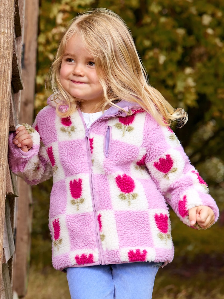 JoJo Maman Bébé Purple Tulip Checkerboard Hooded Fleece Jacket - Image 1 of 6 JoJo Maman Bébé Purple Tulip Checkerboard Hooded Fleece Jacket - Image 1 of 6