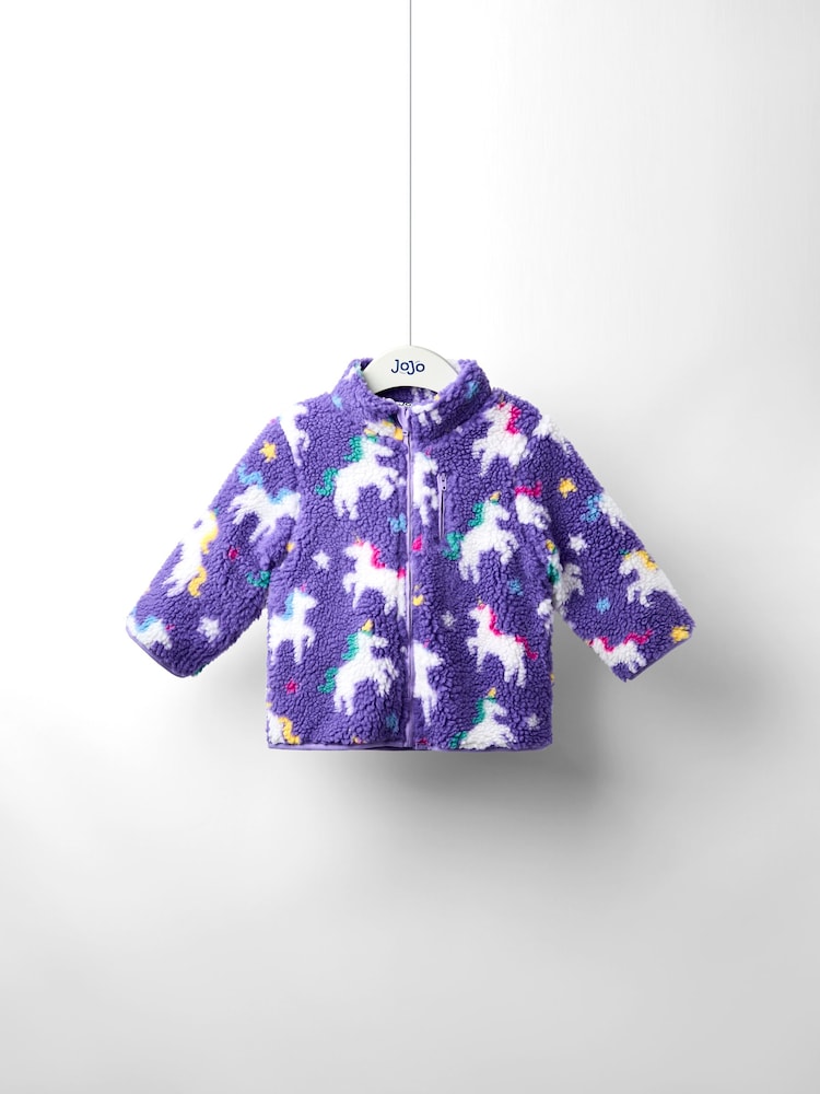 JoJo Maman Bébé Purple Unicorn Borg Fleece Jacket - Image 1 of 5 JoJo Maman Bébé Purple Unicorn Borg Fleece Jacket - Image 1 of 5