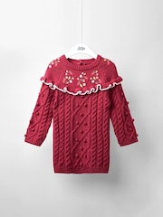 JoJo Maman Bébé Red Embroidered Cable Frill Knitted Dress - Image 1 of 4