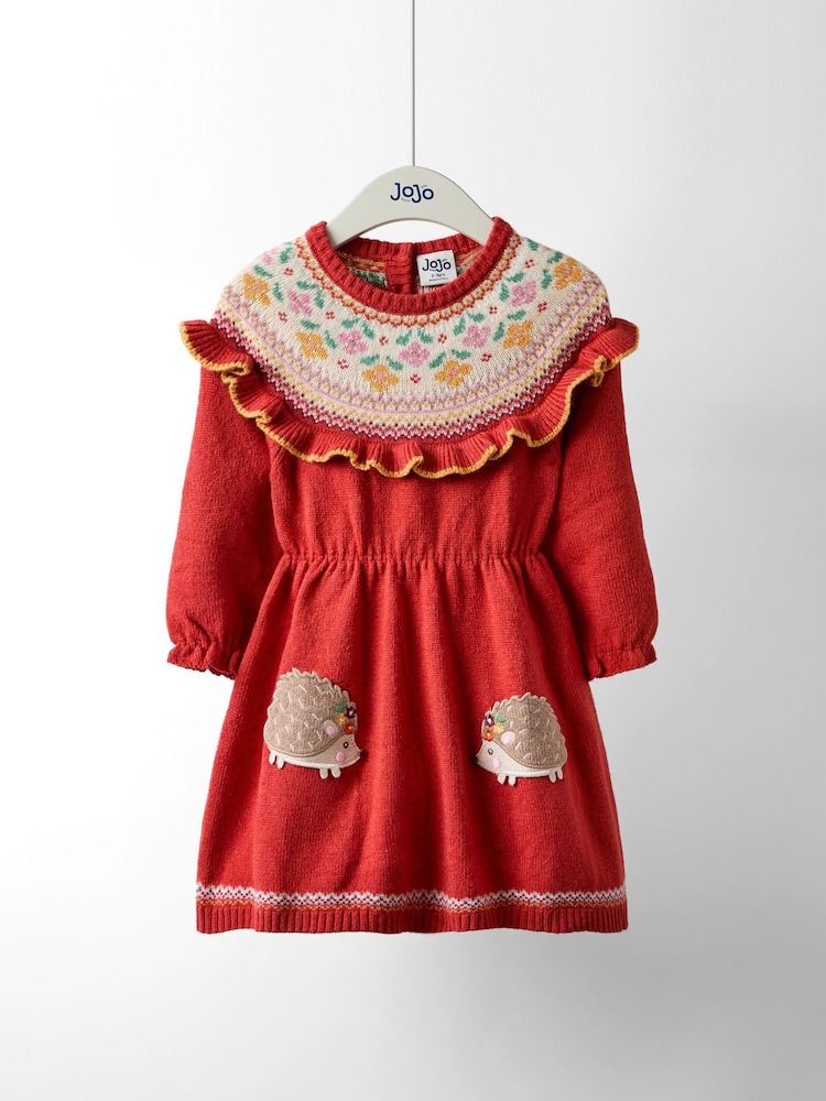 JoJo Maman Bébé Orange Rust Hedgehog Fairisle Knitted Dress - Image 1 of 4 JoJo Maman Bébé Orange Rust Hedgehog Fairisle Knitted Dress - Image 1 of 4