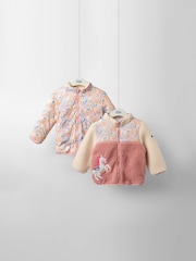 JoJo Maman Bébé Pink Floral Unicorn Fleece Appliqué Reversible Jacket - Image 1 of 9
