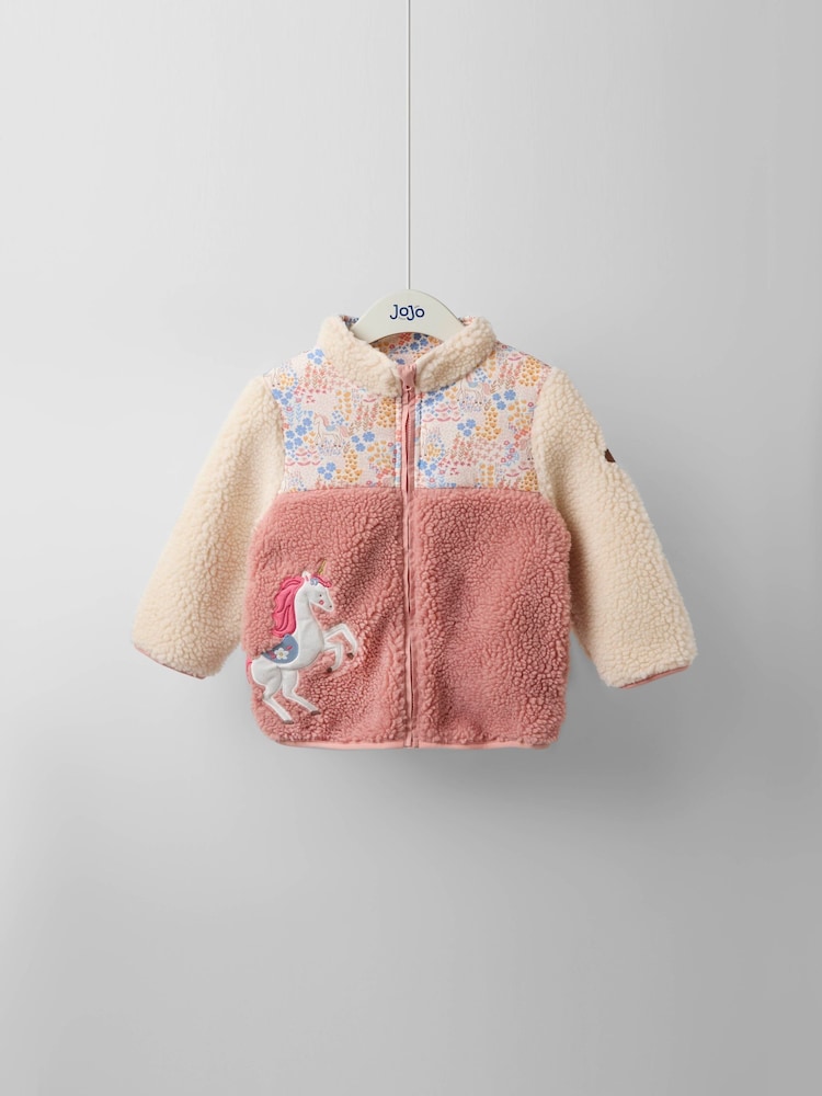 JoJo Maman Bébé Pink Floral Unicorn Fleece Appliqué Reversible Jacket - Image 2 of 9