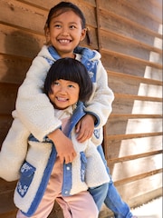 JoJo Maman Bébé Blue Embroidered Popper Through Borg Fleece Jacket - Image 1 of 10