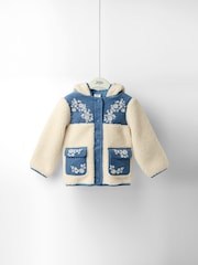 JoJo Maman Bébé Blue Embroidered Popper Through Borg Fleece Jacket - Image 5 of 10