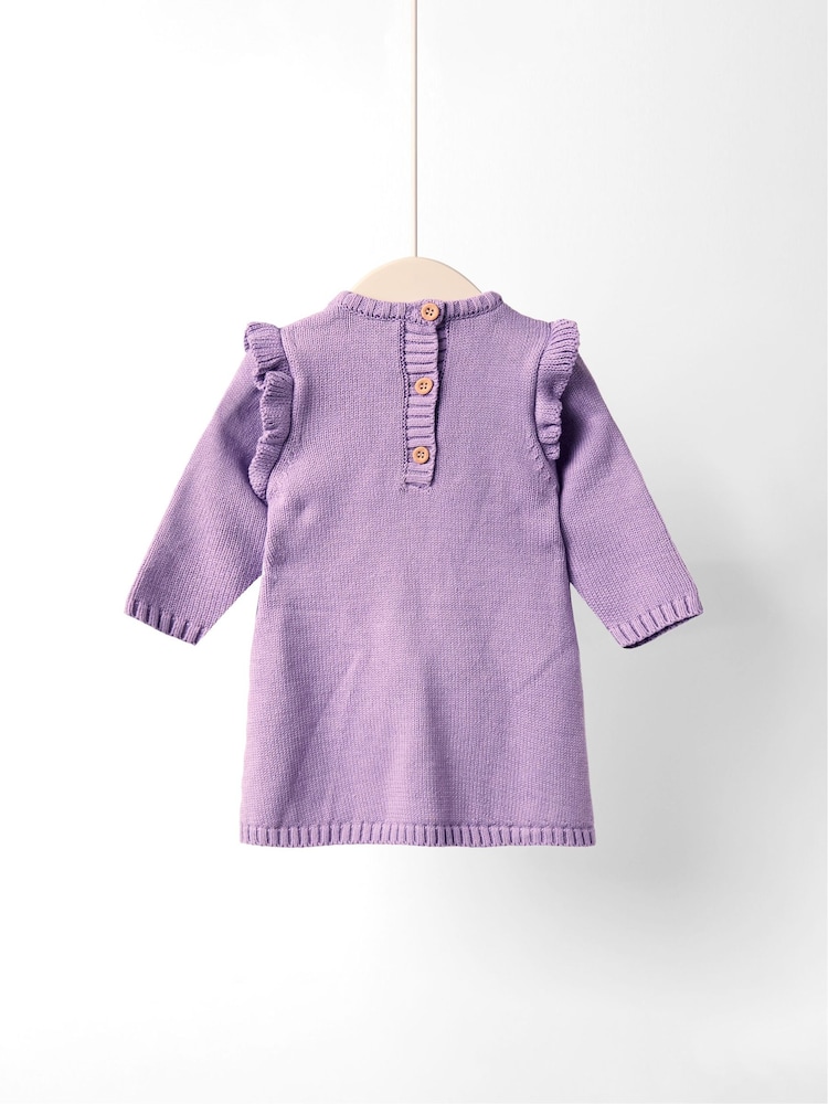 JoJo Maman Bébé Lilac Embroidered Frill Knitted Dress - Image 2 of 4