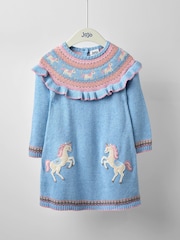 JoJo Maman Bébé Blue Unicorn Fairisle Knitted Dress - Image 1 of 4