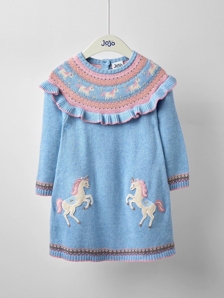 JoJo Maman Bébé Blue Unicorn Fairisle Knitted Dress - Image 1 of 4 JoJo Maman Bébé Blue Unicorn Fairisle Knitted Dress - Image 1 of 4