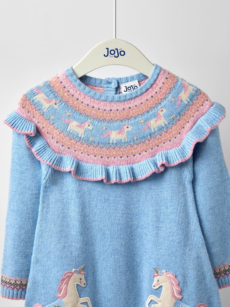 JoJo Maman Bébé Blue Unicorn Fairisle Knitted Dress - Image 2 of 4