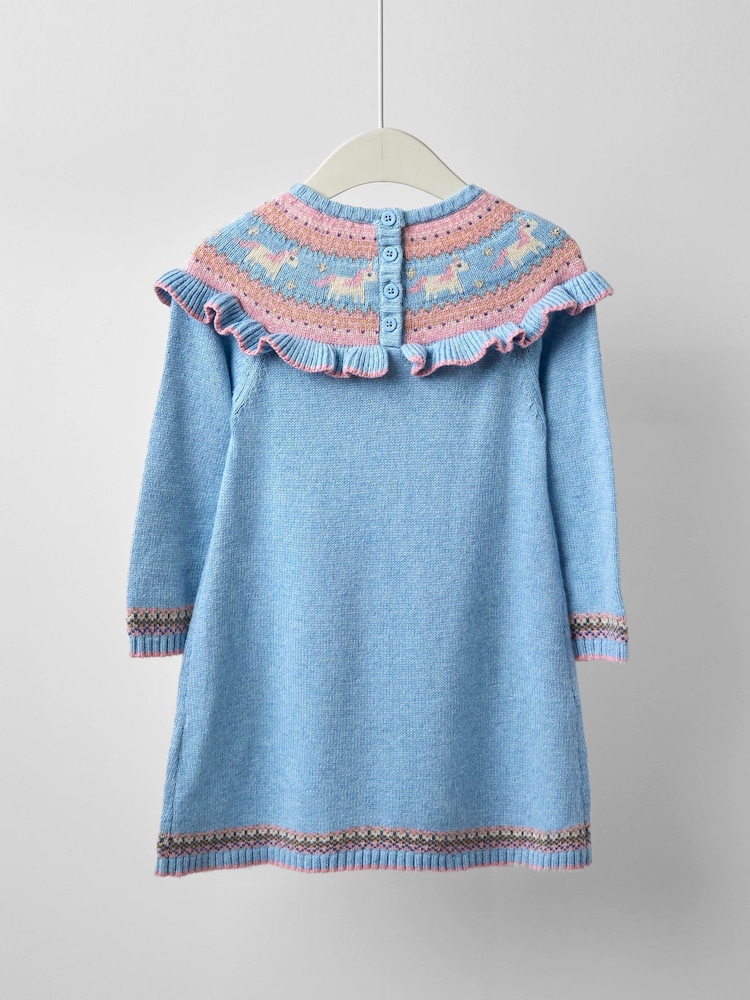 JoJo Maman Bébé Blue Unicorn Fairisle Knitted Dress - Image 4 of 4