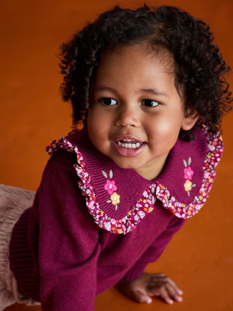 JoJo Maman Bébé Berry Red Floral Frill Collar Embroidered Jumper - Image 1 of 7