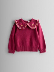 JoJo Maman Bébé Berry Red Floral Frill Collar Embroidered Jumper - Image 5 of 7