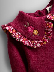 JoJo Maman Bébé Berry Red Floral Frill Collar Embroidered Jumper - Image 6 of 7