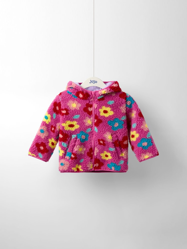 JoJo Maman Bébé Fuschia Pink Flower Hooded Fleece Jacket - Image 1 of 6 JoJo Maman Bébé Fuschia Pink Flower Hooded Fleece Jacket - Image 1 of 6
