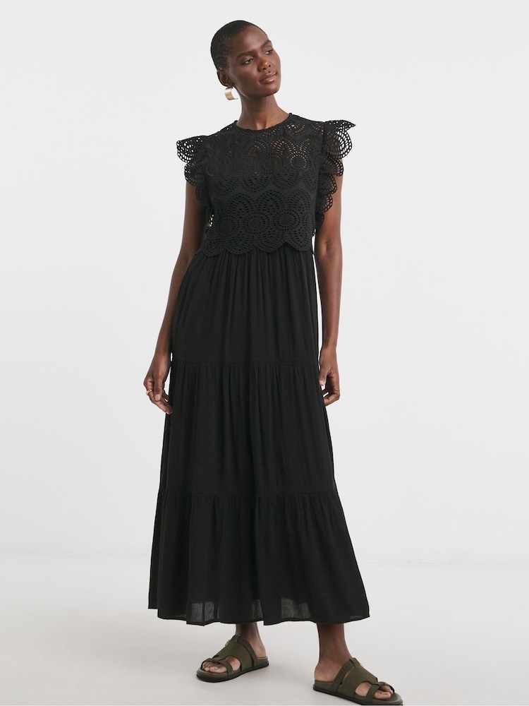 JD Williams Black Broderie 2 In 1 Maxi Dress - Image 1 of 4