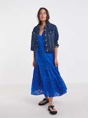 JD Williams Blue 100% Cotton Broderie Smock Dress - Image 4 of 5