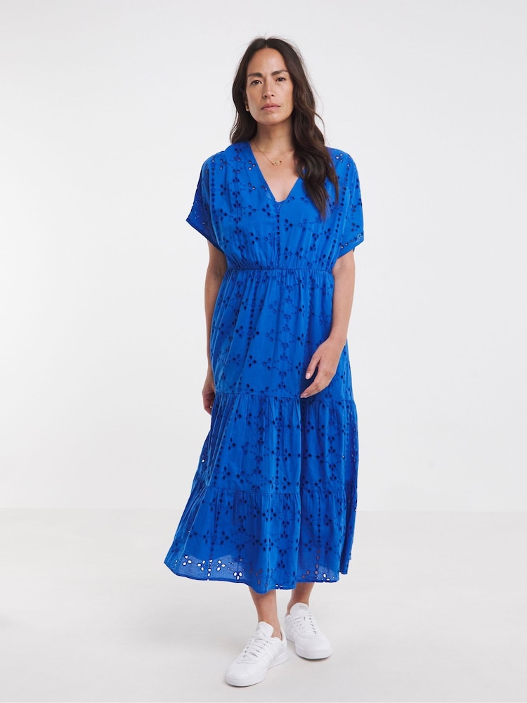 JD Williams Blue 100% Cotton Broderie Smock Dress - Image 5 of 5