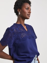JD Williams Blue Crinkle Broderie Trim Top - Image 1 of 4