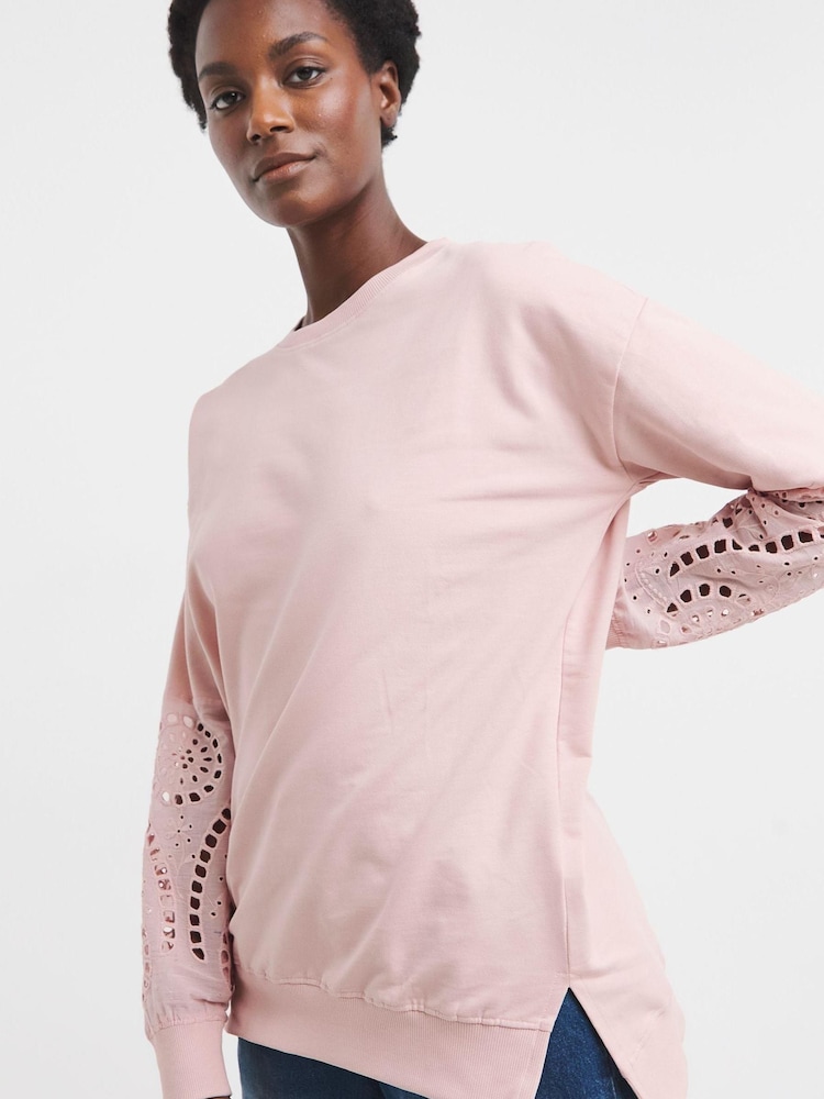 JD Williams Pink Crew Neck Broderie Sleeve and Back Sweatshirt - Image 1 of 4