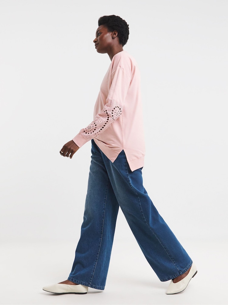 JD Williams Pink Crew Neck Broderie Sleeve and Back Sweatshirt - Image 2 of 4 JD Williams Pink Crew Neck Broderie Sleeve and Back Sweatshirt - Image 2 of 4