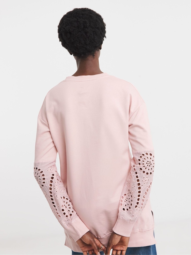 JD Williams Pink Crew Neck Broderie Sleeve and Back Sweatshirt - Image 4 of 4