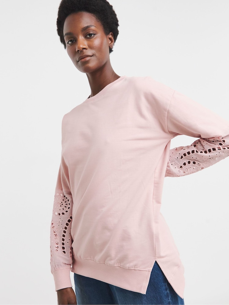 JD Williams Pink Crew Neck Broderie Sleeve and Back Sweatshirt - Image 4 of 4 JD Williams Pink Crew Neck Broderie Sleeve and Back Sweatshirt - Image 4 of 4