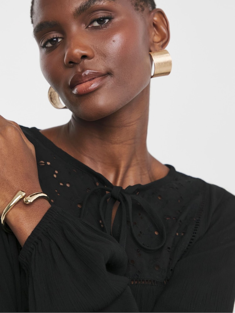 JD Williams Black Broderie Yoke Trim Blouson Sleeve Blouse - Image 1 of 4