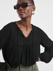 JD Williams Black Broderie Yoke Trim Blouson Sleeve Blouse - Image 4 of 4