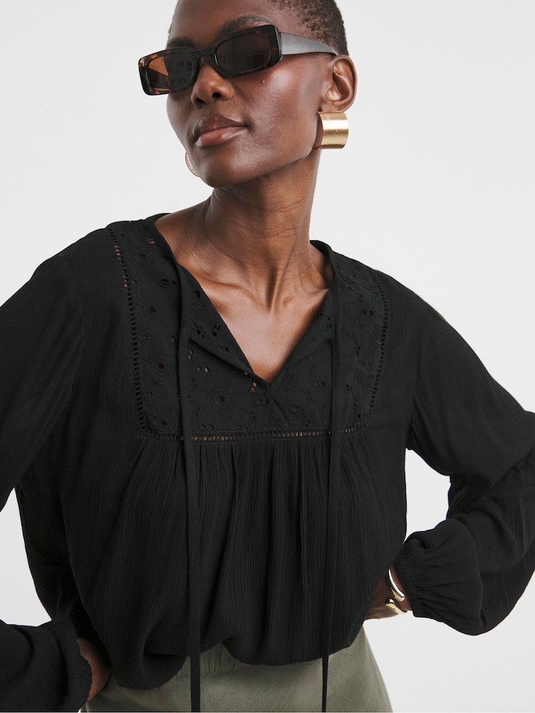 JD Williams Black Broderie Yoke Trim Blouson Sleeve Blouse - Image 4 of 4
