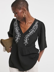 JD Williams Black Embroidered Cheesecloth V-Neck Short Sleeve 100% Cotton Smock Top - Image 1 of 4
