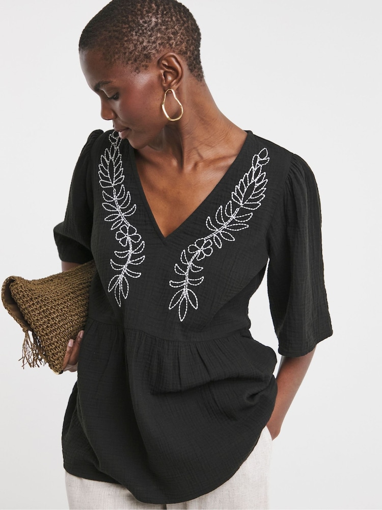 JD Williams Black Embroidered Cheesecloth V-Neck Short Sleeve 100% Cotton Smock Top - Image 1 of 4