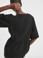 JD Williams Black Embroidered Cheesecloth V-Neck Short Sleeve 100% Cotton Smock Top - Image 2 of 4