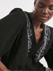 JD Williams Black Embroidered Cheesecloth V-Neck Short Sleeve 100% Cotton Smock Top - Image 3 of 4