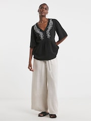JD Williams Black Embroidered Cheesecloth V-Neck Short Sleeve 100% Cotton Smock Top - Image 4 of 4