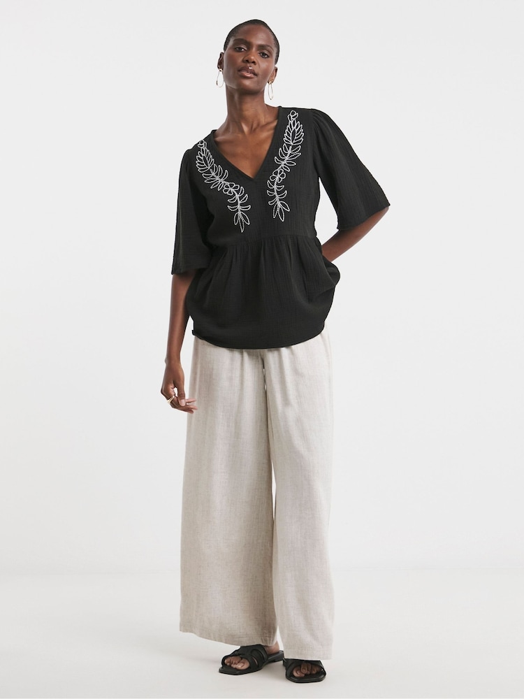 JD Williams Black Embroidered Cheesecloth V-Neck Short Sleeve 100% Cotton Smock Top - Image 4 of 4