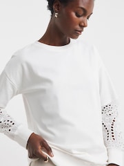 JD Williams White Crew Neck Broderie Sleeve and Back Sweatshirt - Image 1 of 4