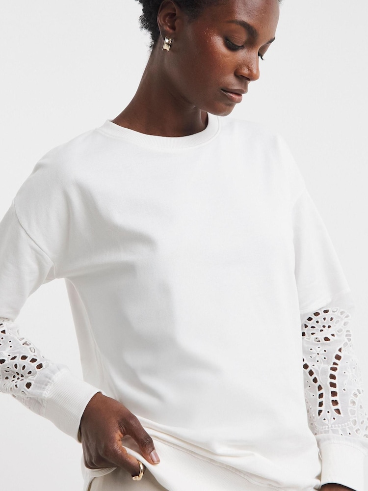 JD Williams White Crew Neck Broderie Sleeve and Back Sweatshirt - Image 1 of 4