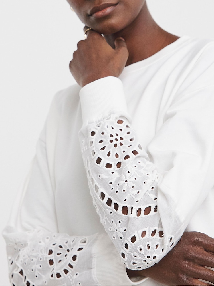JD Williams White Crew Neck Broderie Sleeve and Back Sweatshirt - Image 2 of 4