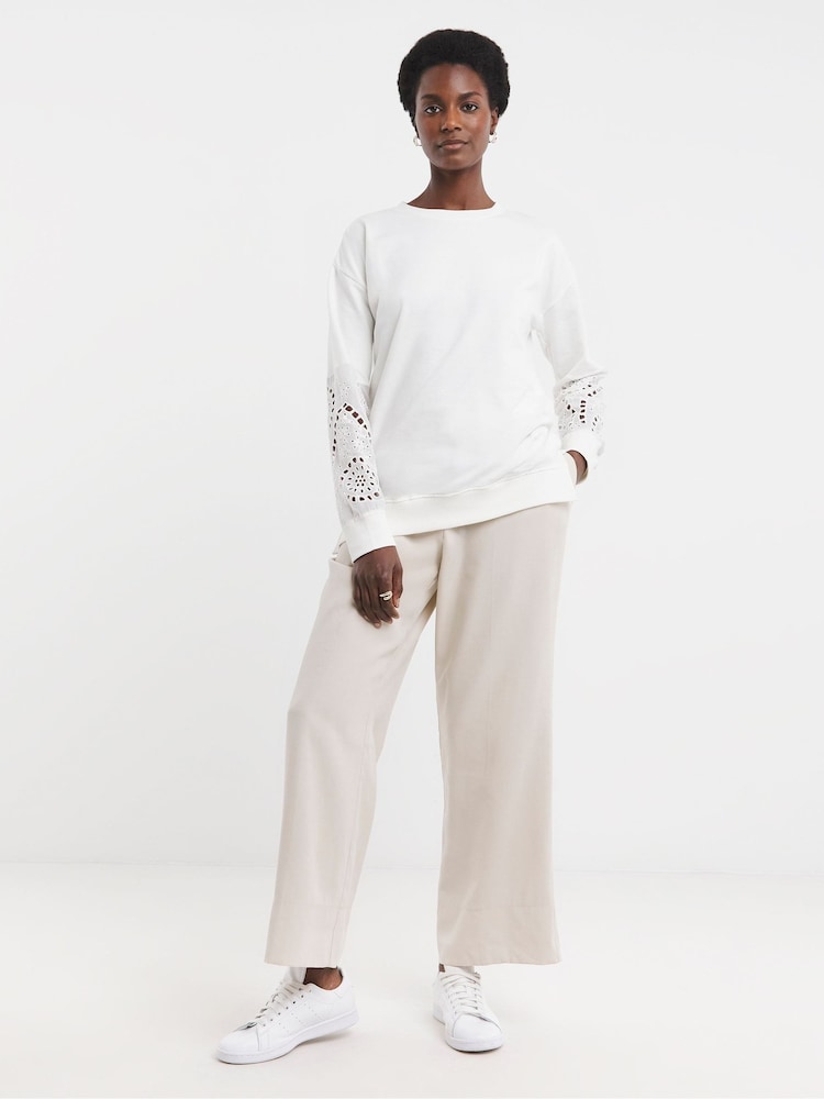 JD Williams White Crew Neck Broderie Sleeve and Back Sweatshirt - Image 2 of 4 JD Williams White Crew Neck Broderie Sleeve and Back Sweatshirt - Image 2 of 4