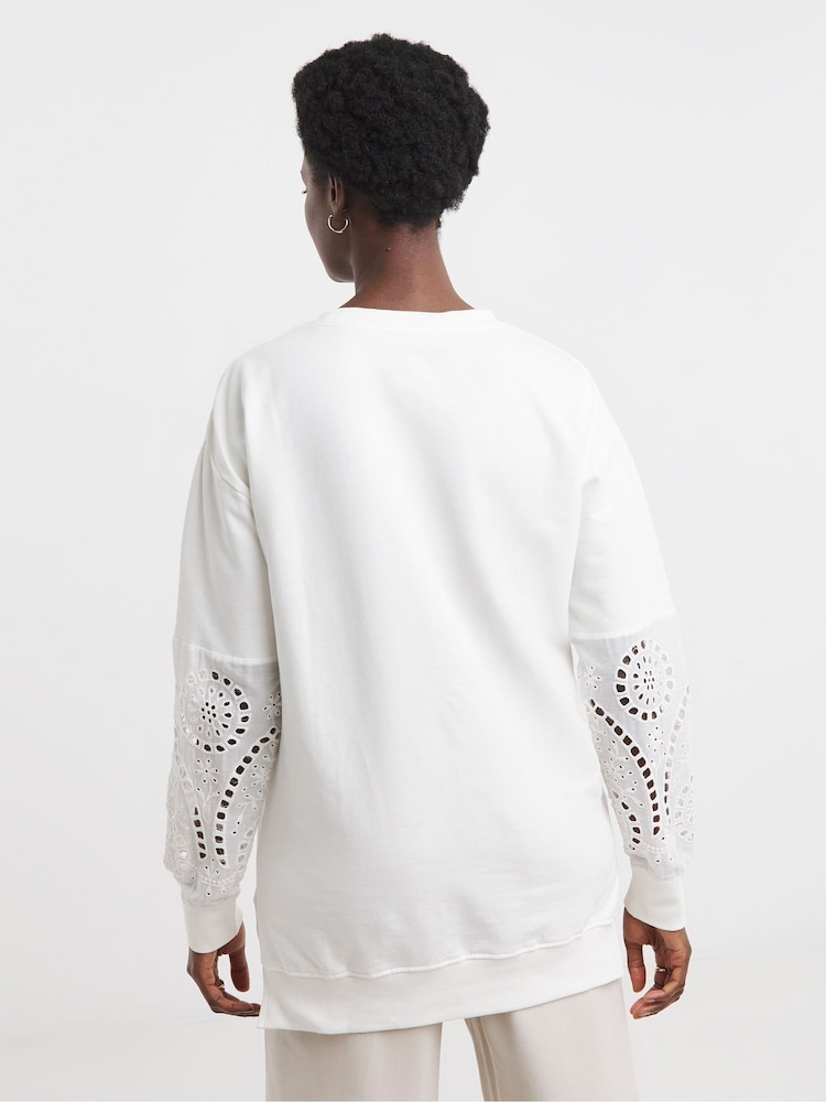 JD Williams White Crew Neck Broderie Sleeve and Back Sweatshirt - Image 4 of 4