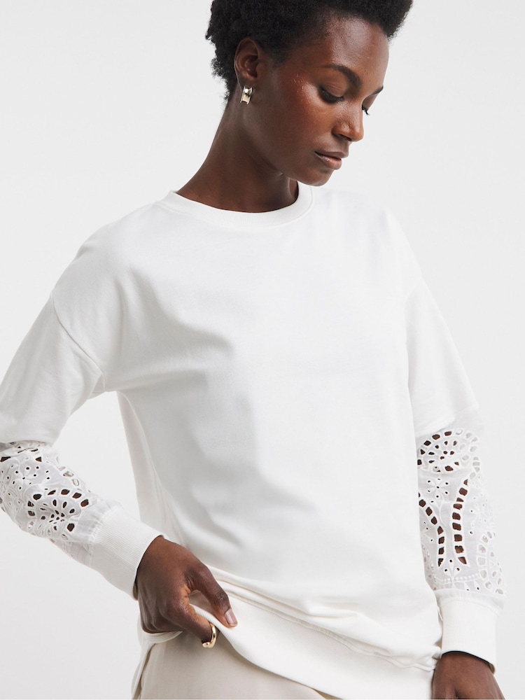 JD Williams White Crew Neck Broderie Sleeve and Back Sweatshirt - Image 4 of 4 JD Williams White Crew Neck Broderie Sleeve and Back Sweatshirt - Image 4 of 4