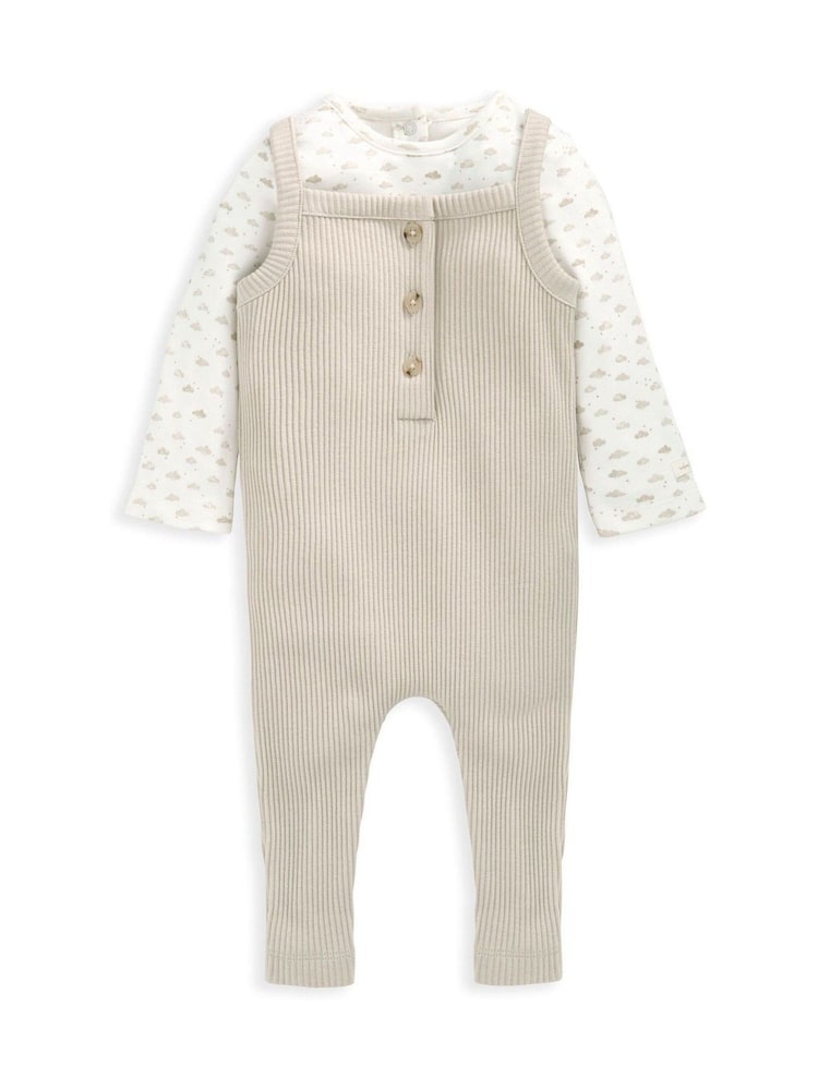 Mamas & Papas Cloud Ribbed 100% Cotton Brown Dungarees and Bodysuit Set - Image 1 of 3