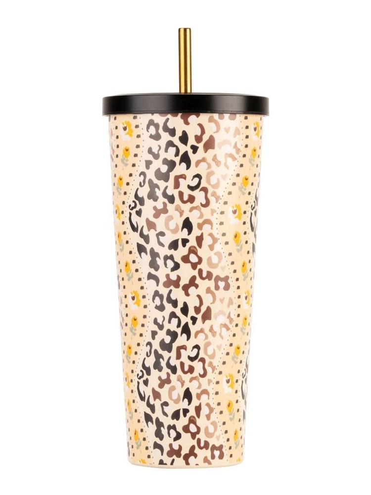 Cath Kidston Brown Leopard Drinks Bottle and Straw Cup Hydration Set - Image 1 of 6