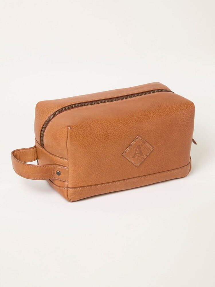FatFace Tan Brown Alphabet Leather Wash Bag - Image 2 of 3 FatFace Tan Brown Alphabet Leather Wash Bag - Image 2 of 3