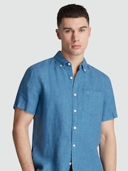 Original Penguin Blue Delave Linen Short Sleeve 100% Cotton Shirt - Imagem 4 de 5