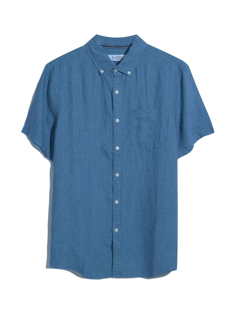 Original Penguin Blue Delave Linen Short Sleeve 100% Cotton Shirt - Imagem 5 de 5